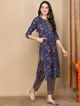 Women Blue Rayon Blend Floral Printed Straight Kurta Trousers With Dupatta-VKSKD2233